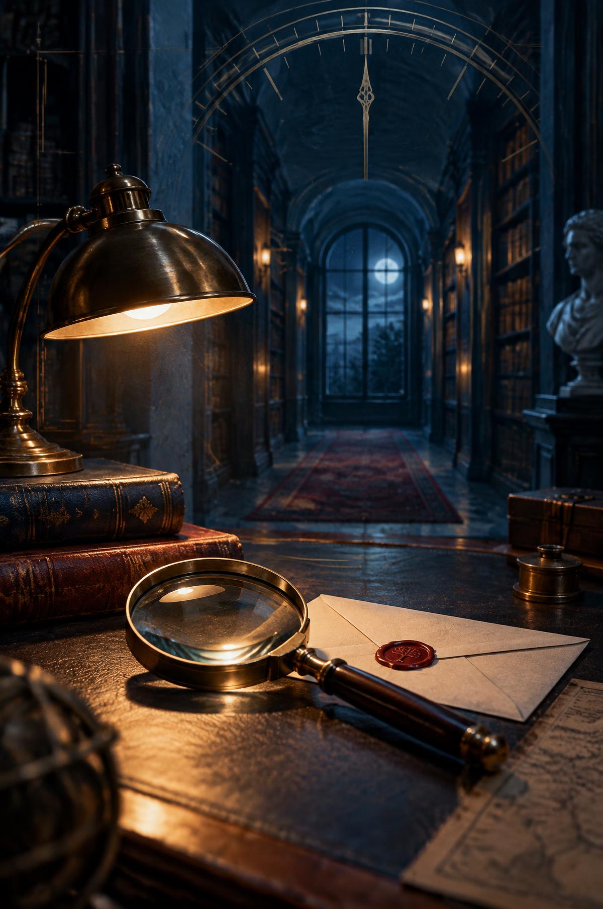 A lamplit library, magnifying glass and clock representing mysteries around the clock