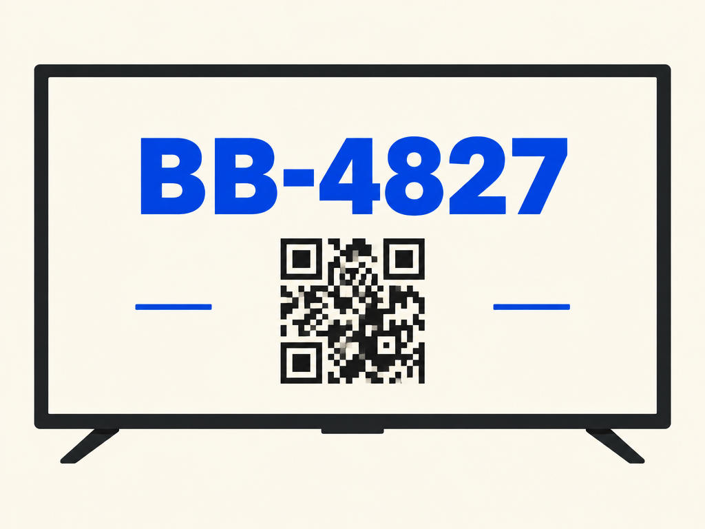 A television showing the six-character code BB-4827 and a square to point a phone camera at